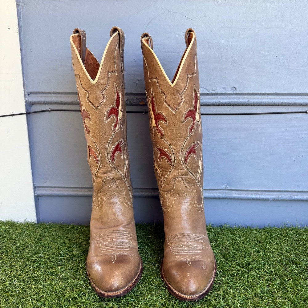 Vtg 80s Dan Post Leather Western Flower Cowboy Boots Womens 7 M Inlay Block Heel - Picture 2 of 11